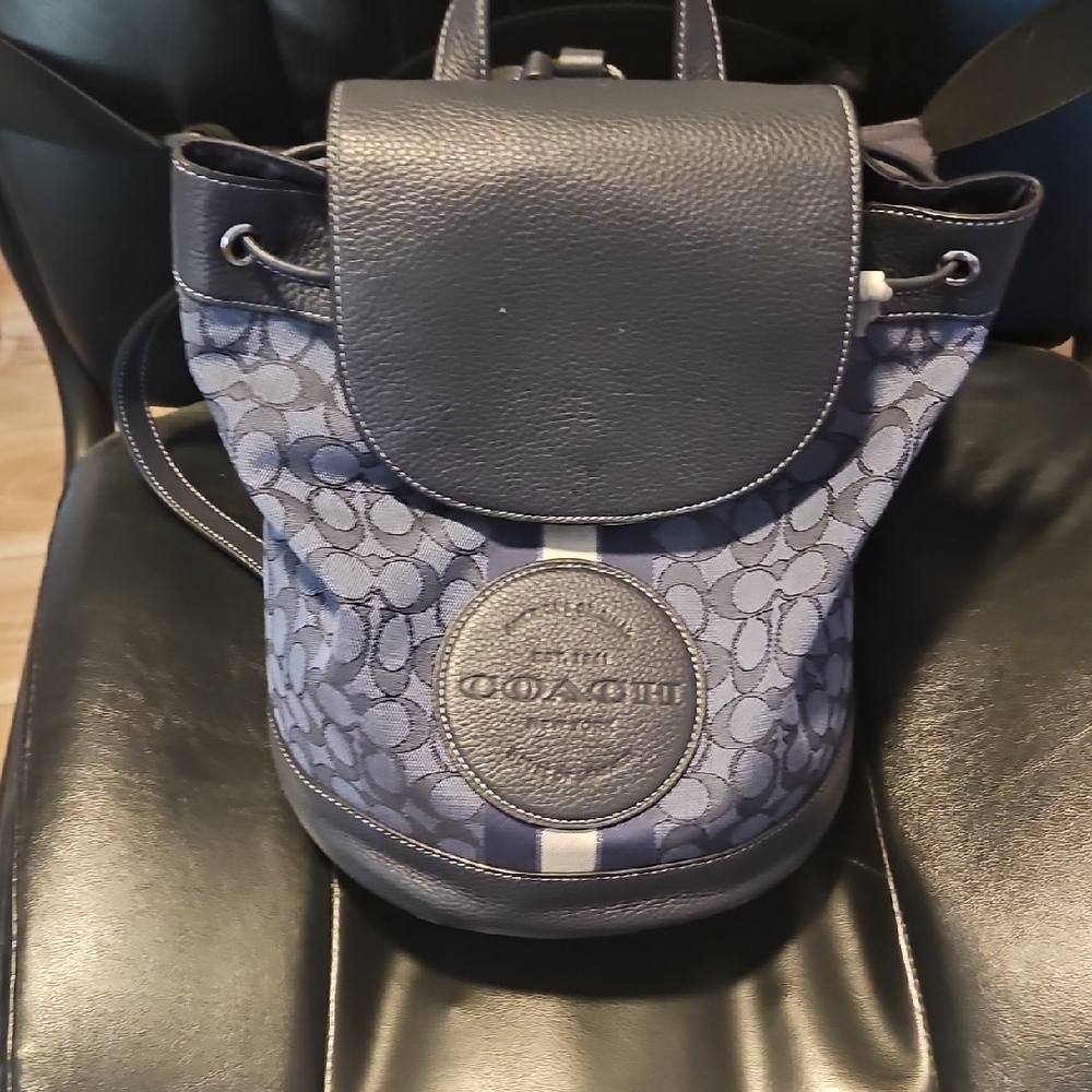 Coach Navy Monogram Drawstring Backpack